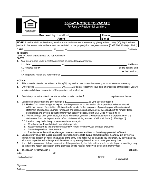 landlord 30 day notice to tenant