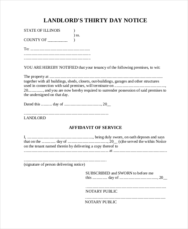 example of 30 day notice to landlord