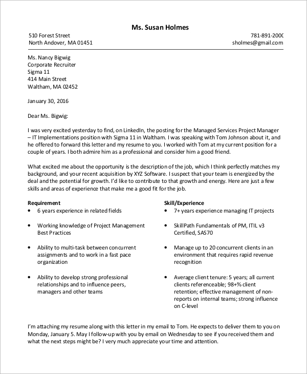 project manager resume cover letter 