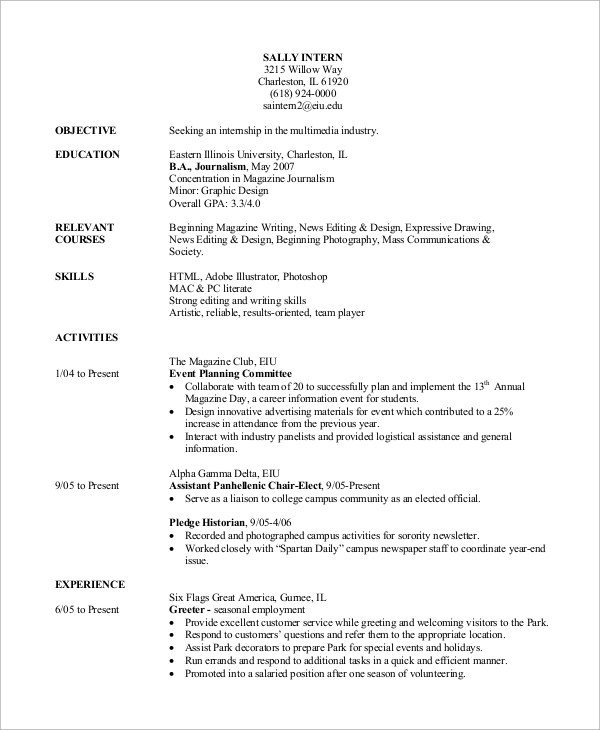 resume template for student internship