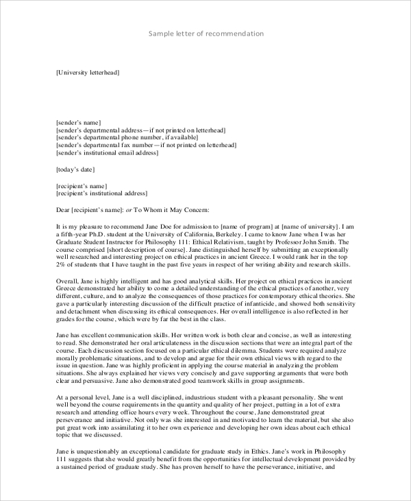 FREE 36+ Recommendation Letter Format Samples in MS Word | PDF