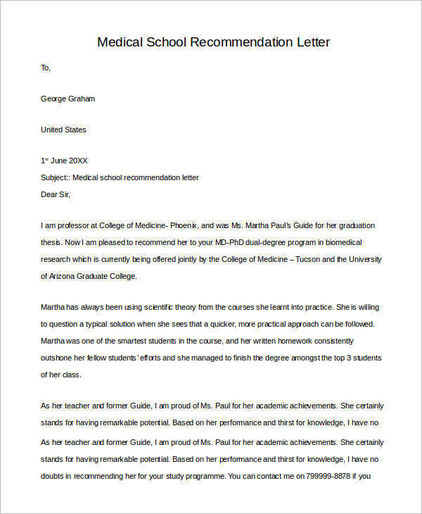 Letter Of Recommendation For Medical School Sample