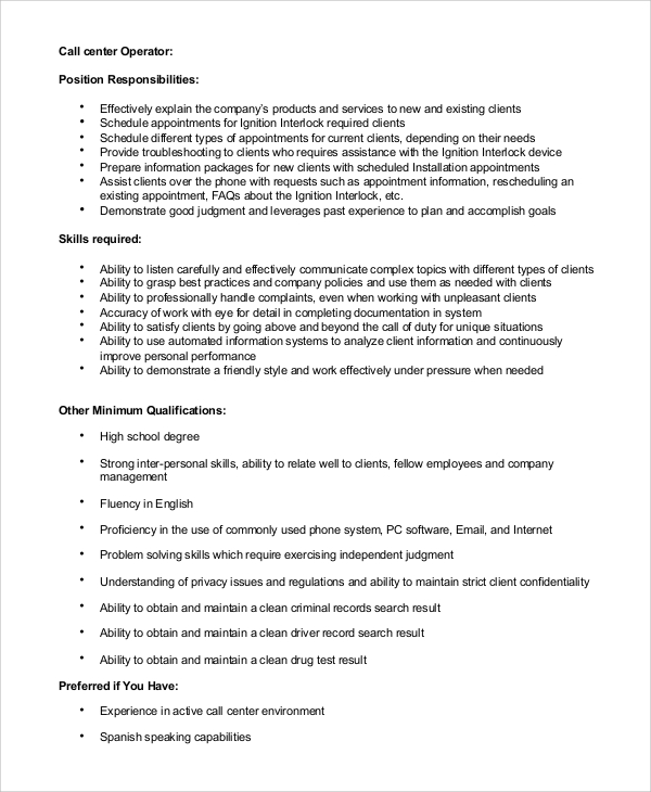 call center customer service agent job description