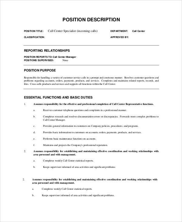 Free 9 Sample Call Center Job Description Templates In Pdf