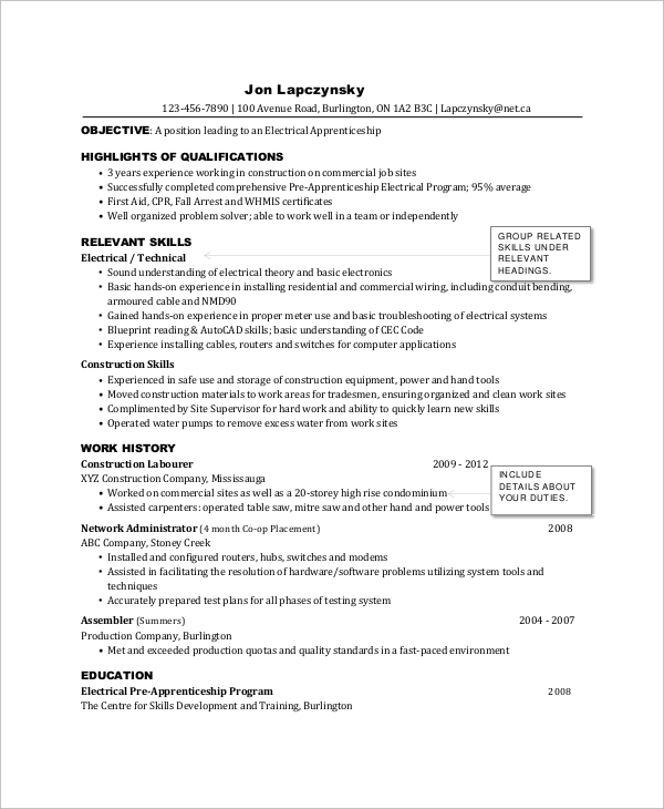 objective on resume for electrician