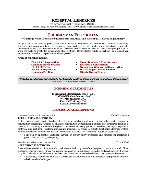 journeyman electrician resume