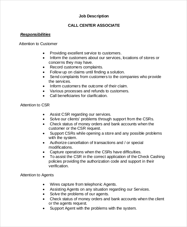 Call center agent responsibilities job description