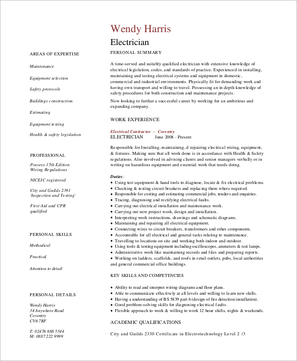 Free 9 Sample Electrician Resume Templates In Ms Word Pdf