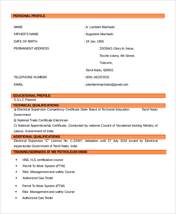 Iti Electrician Fresher Resume Format Free Download R Vrogue Co   Chief Electrician Resume 