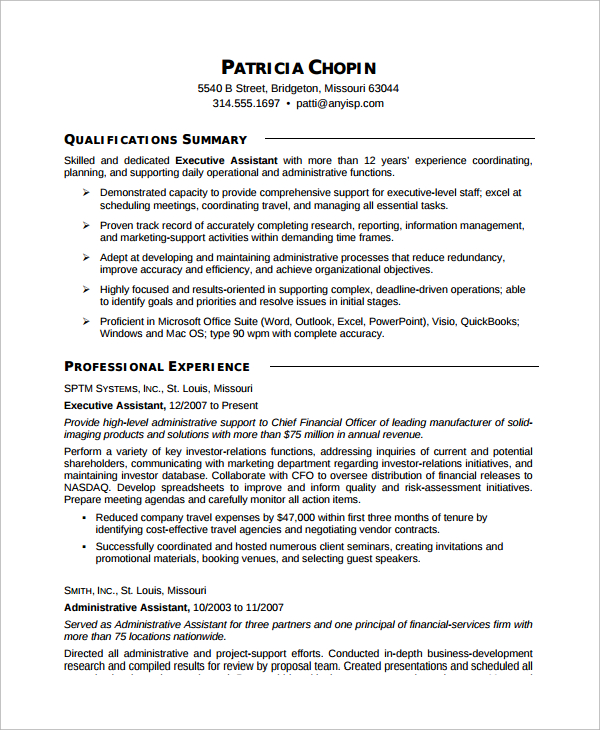 FREE 8+ Sample Executive Assistant Resume Templates in MS Word PDF