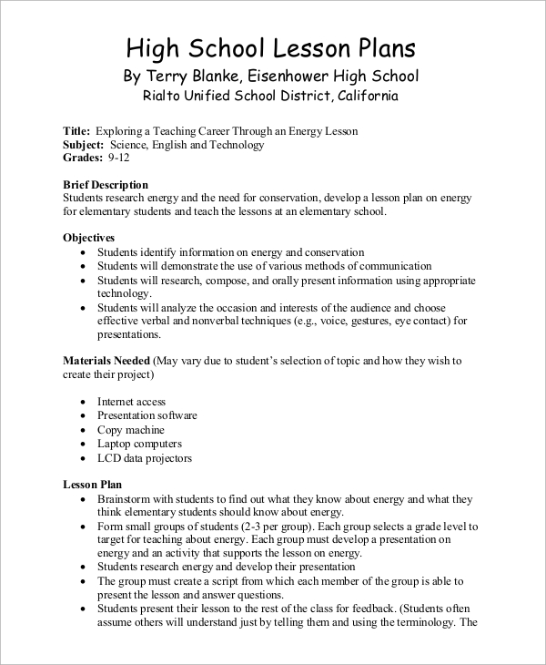 business education lesson plans for high school