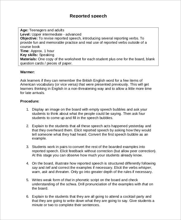 reported speech lesson plan