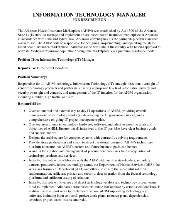 FREE 7+ Sample IT Manager Job Description Templates in PDF