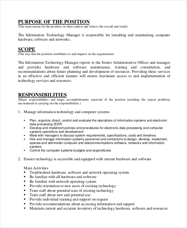 Computer and information system manager job description