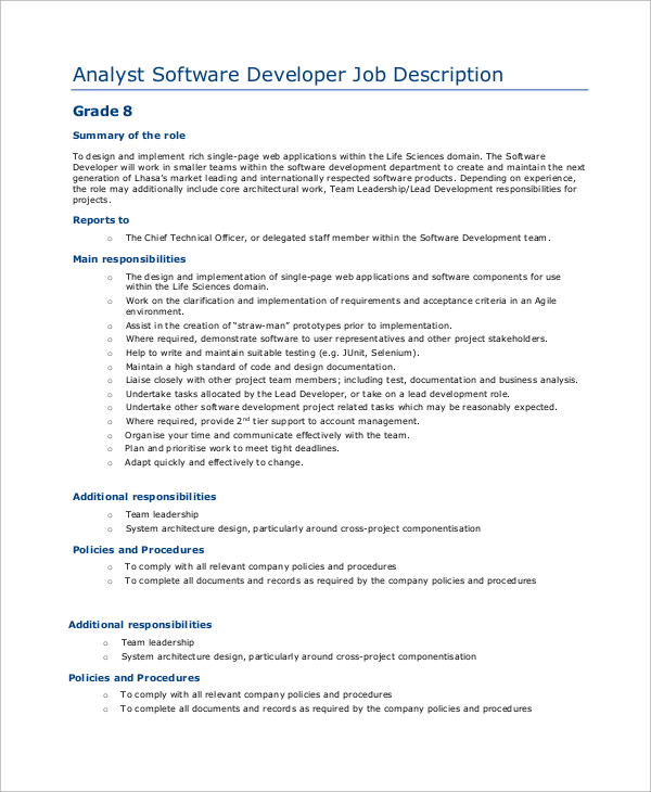 FREE 9 Sample Software Developer Job Description Templates In PDF   Software Developer Analyst Job Description 