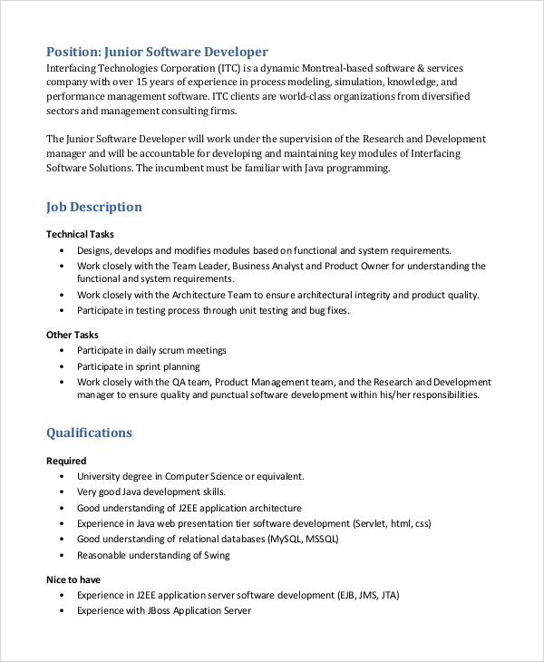 Sample Software Developer Job Description  9 Examples in PDF