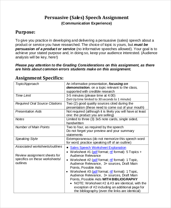 persuasive sales speech assignment example