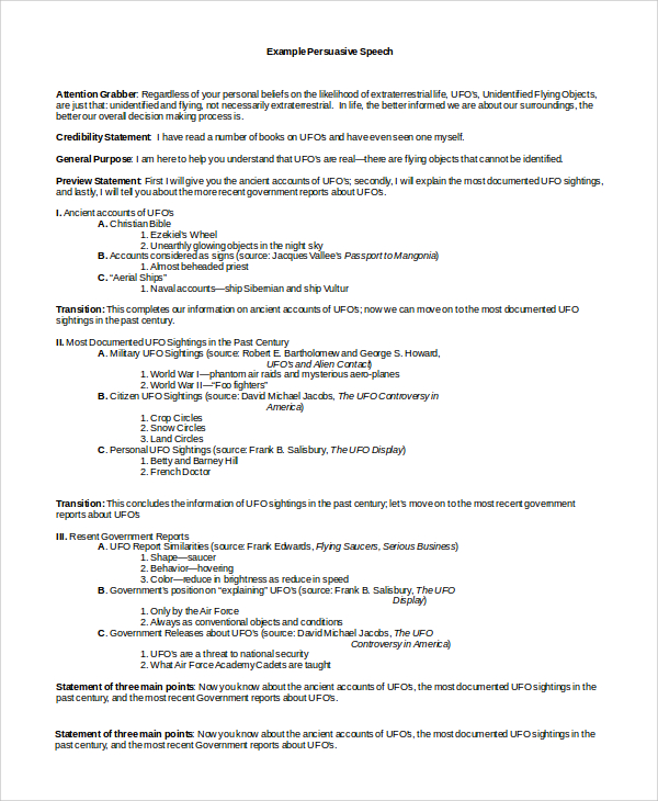 policy persuasive speech outline examples