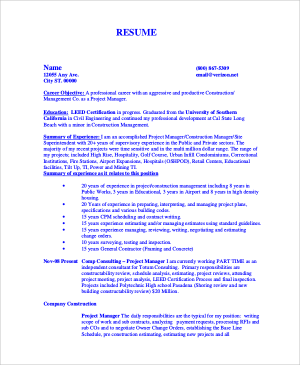 FREE 12+ Sample Construction Resume Templates in MS Word PDF