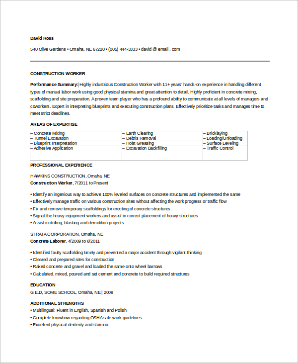 Sample Construction Resume 9 Examples In Word PDF