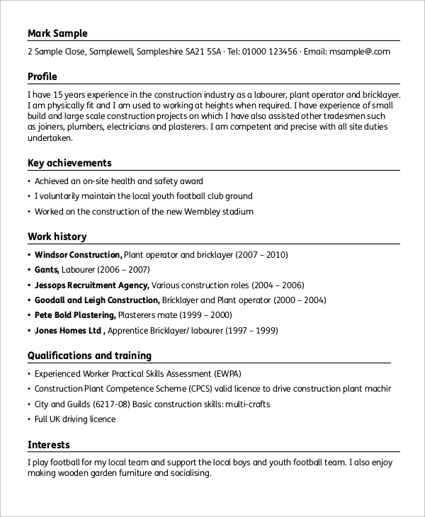 FREE 12+ Sample Construction Resume Templates in MS Word PDF