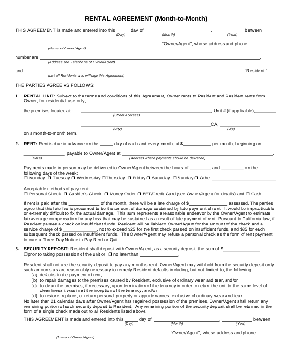 Rental Agreement Form Sample