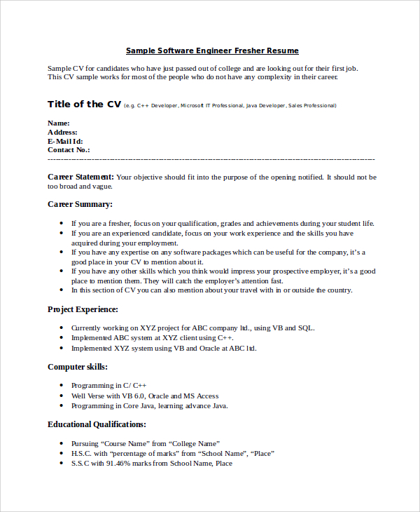 software engineer fresher resume