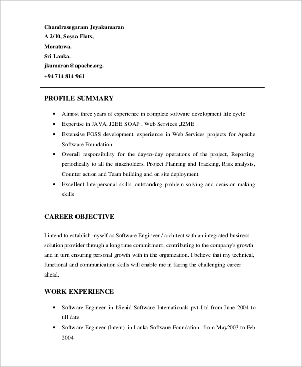 summary of software engineer resume