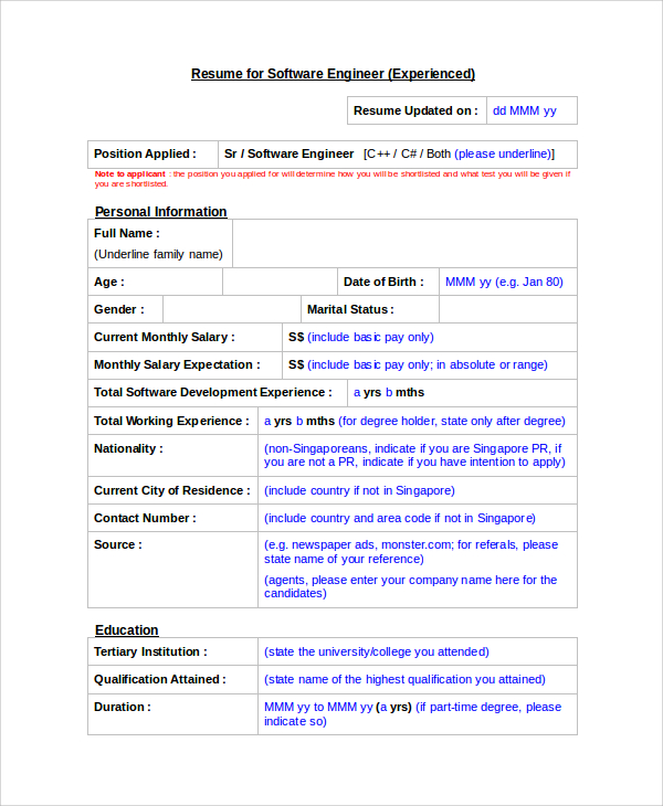 resume format for experienced software engineer