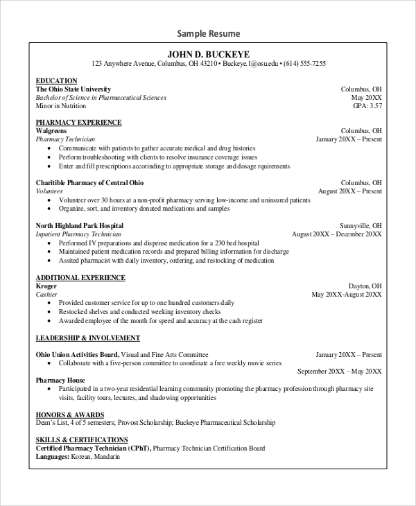 FREE 7+ Sample Pharmacy Technician Resume Templates in MS Word PDF