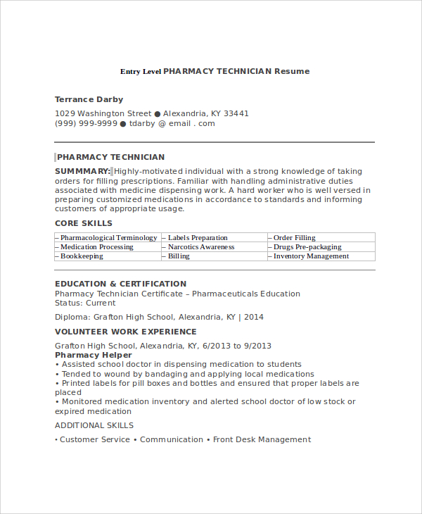 sample pharmacy technician resume