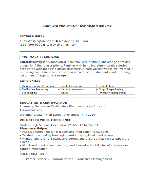 FREE 7+ Sample Pharmacy Technician Resume Templates in MS Word PDF