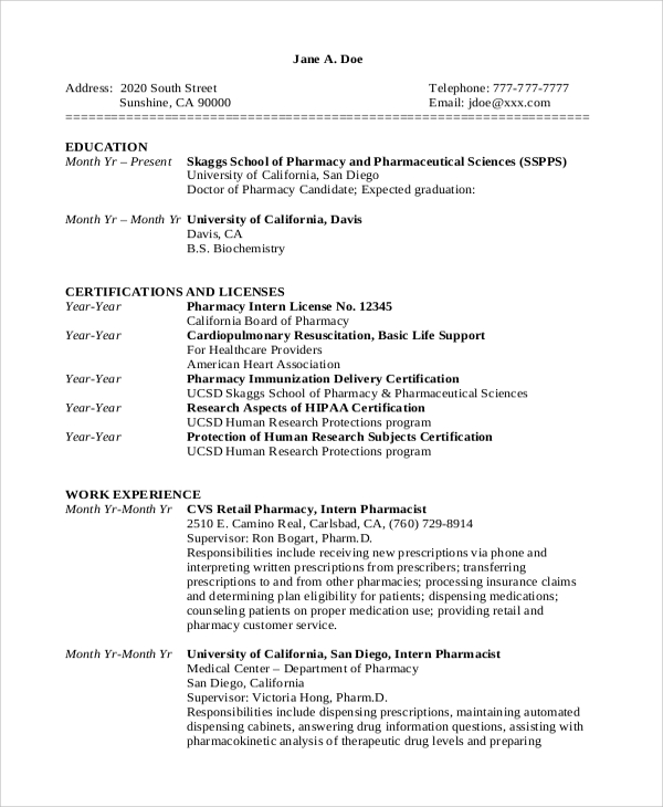 FREE 7+ Sample Pharmacy Technician Resume Templates in MS