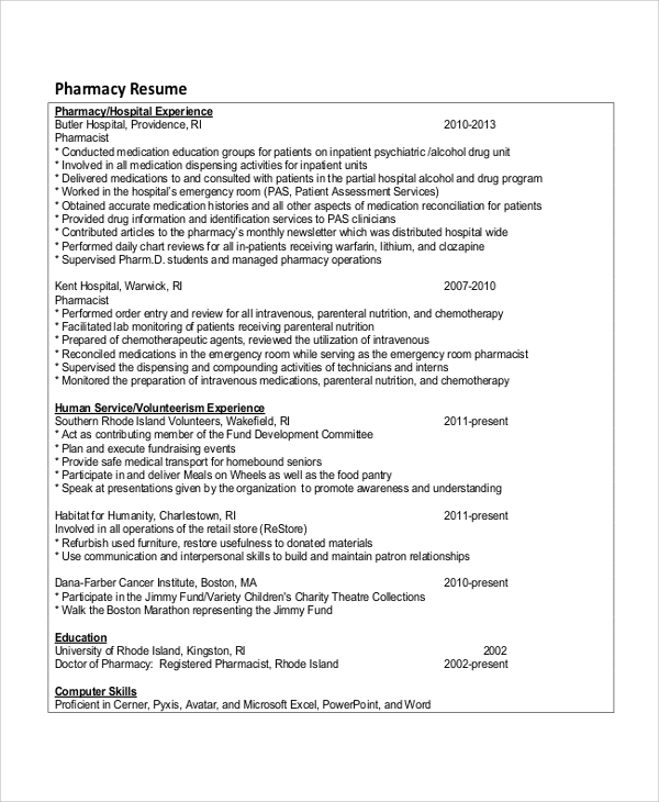 FREE 7+ Sample Pharmacy Technician Resume Templates in MS Word PDF