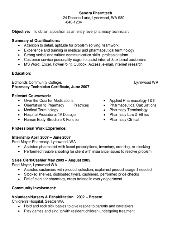 FREE 7+ Sample Pharmacy Technician Resume Templates in MS