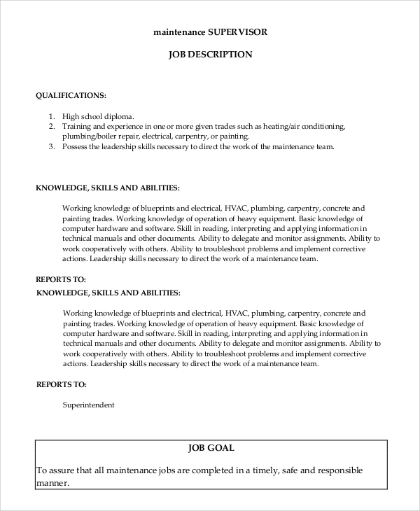 FREE 10 Sample Supervisor Job Descriptions In MS Word   Maintenance Supervisor Job Description1 