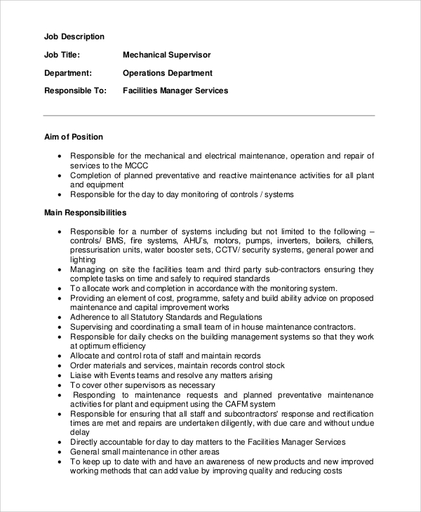 Supervisor Job Description Template