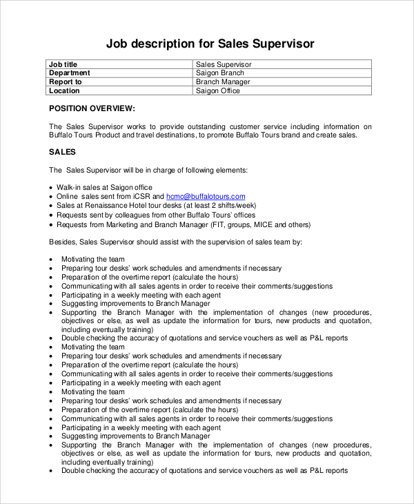 FREE 10+ Sample Supervisor Job Descriptions in MS Word