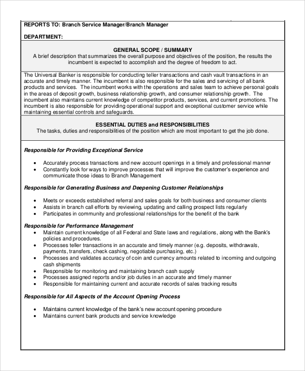 Sample Bank Teller Job Description 8 Examples in PDF