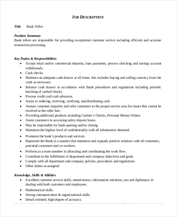 FREE 8 Sample Bank Teller Job Description Templates In PDF