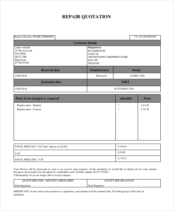 FREE 6 Sample Repair Quote Templates In PDF