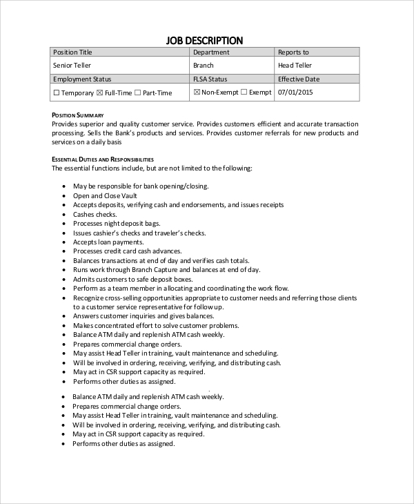 Sample Bank Teller Job Description - 8+ Examples in PDF