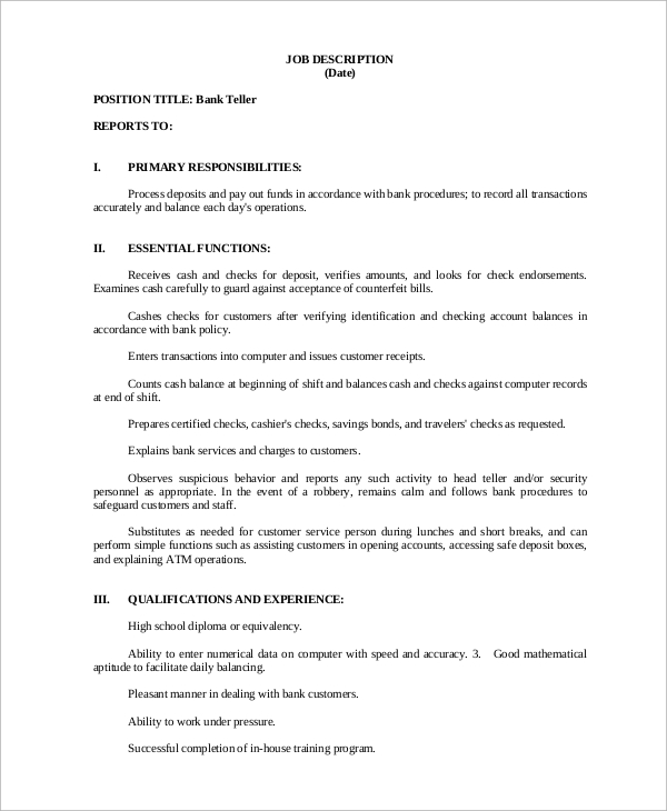 Sample Bank Teller Job Description - 8+ Examples in PDF