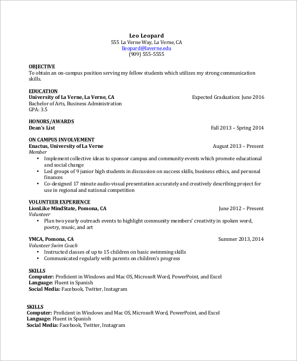 job resume example for college students2
