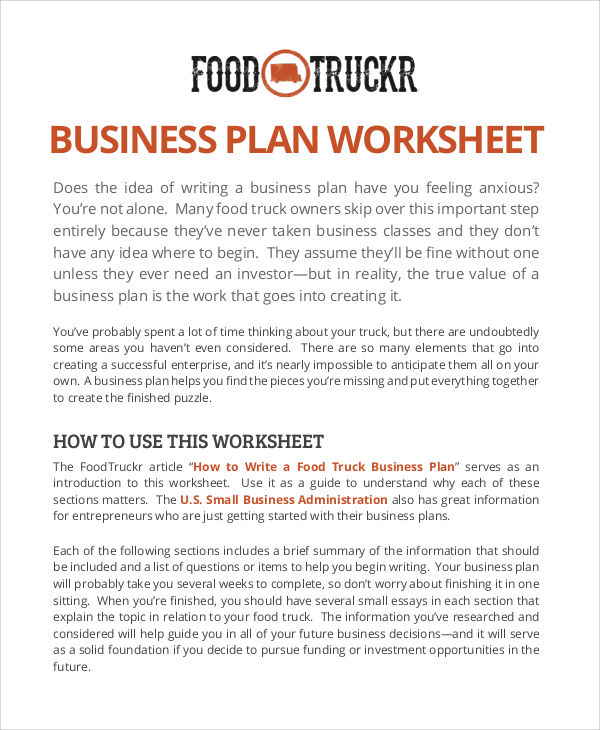 food truck business plan worksheet