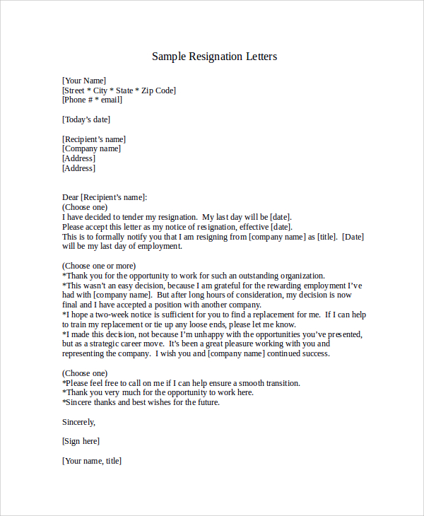 employee letter of resignation 2 week notice