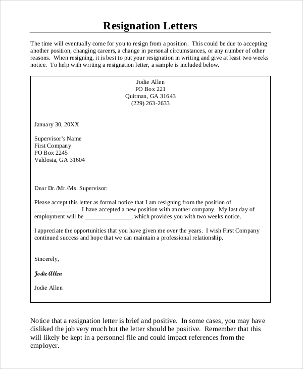 formal 2 week notice letter resignation