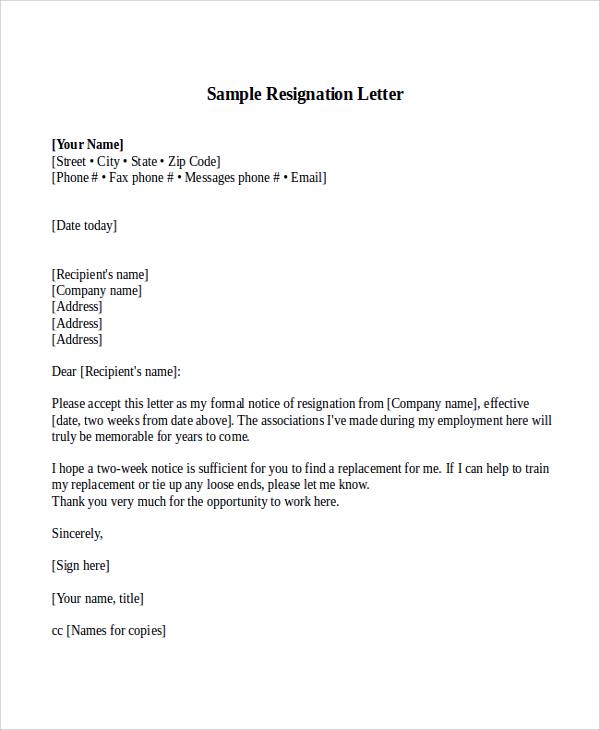 Free 5 Sample Resignation Letter With 2 Week Notice Templates In Ms Word Pdf