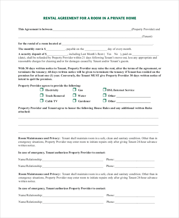 Bedroom Rental Agreement Template