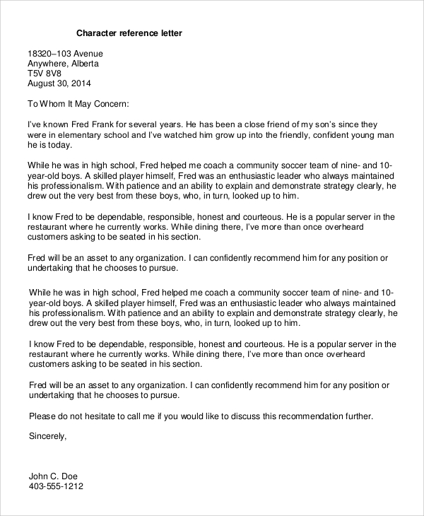 Character Reference Recommendation Letter Sample